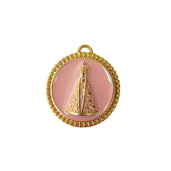 Pingente em aço 3cm dourado e rosa Nossa Sra. Aparecida