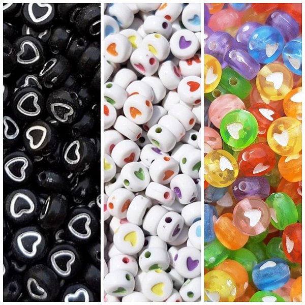 Kit 300 Miçangas de Coração - 3 cores para montagem de bijuterias e acessórios - 7mm x 4mm