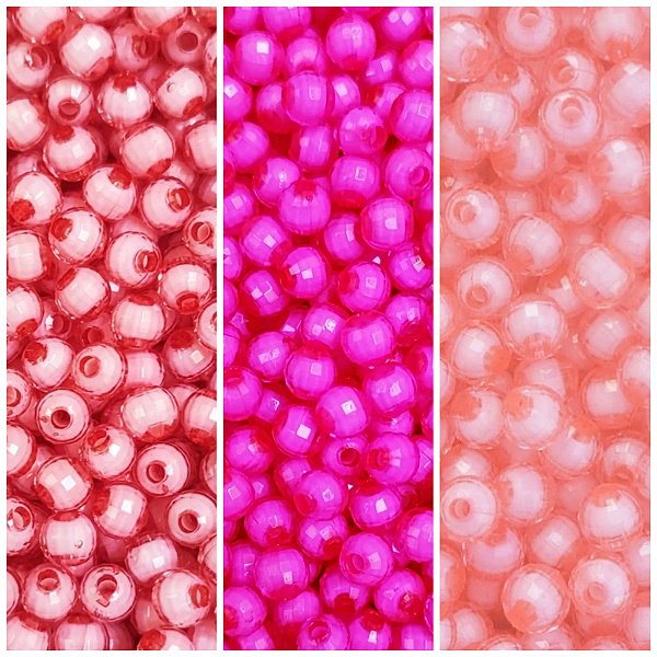 Kit 300 Pérolas Miçangas Sextavadas 6 mm Facetada 3 Cores Goiaba Pink e Rosa