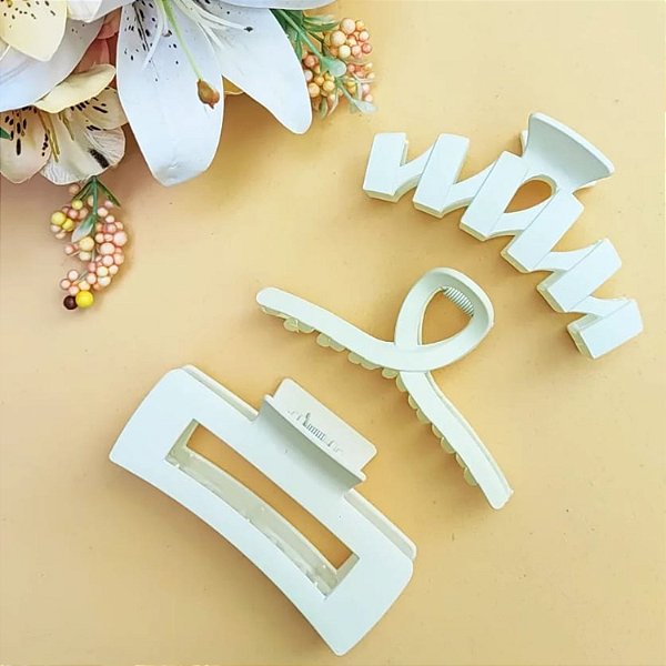 Kit com 3 presilhas grande prendedor de cabelo piranha grampo blogueira cor Branca