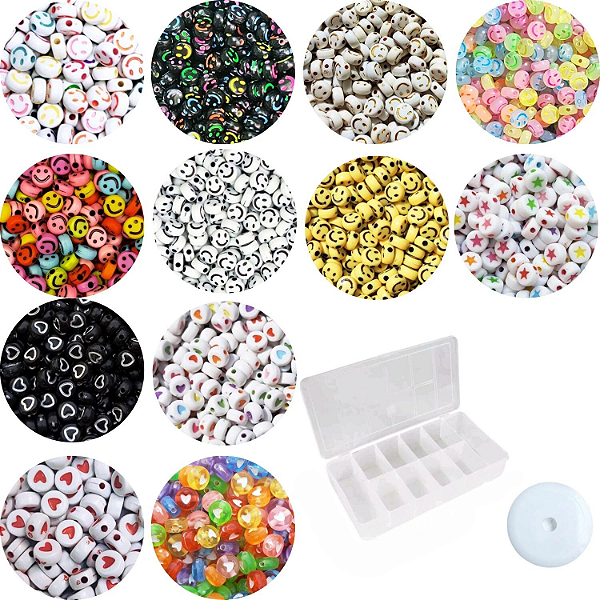 Kit 1200 Miçangas Entremeio Smile Coração e Estrela + Organizador + Fio Silicone
