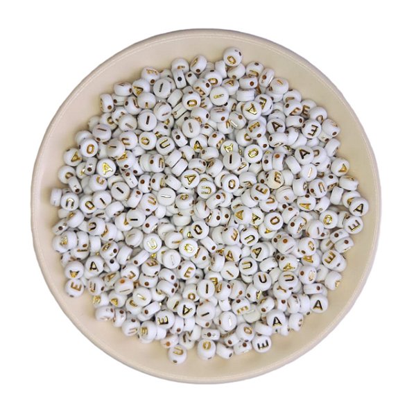 500g Miçangas De Letras Vogais Branca E Douradas 7x4mm
