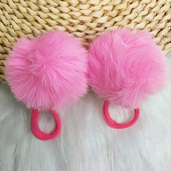 Par De Xuxinha Com Pompom Pelúcia 7cm Elástico De Cabelo Rosa