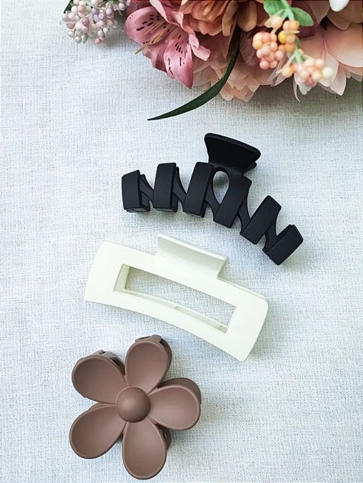 Kit com 3 presilhas grande prendedor de cabelo piranha grampo blogueira cor Preta, Marrom e Branca