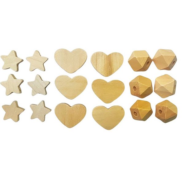 60 Pçs Contas De Madeira Formato Coração Estrela Poligonal