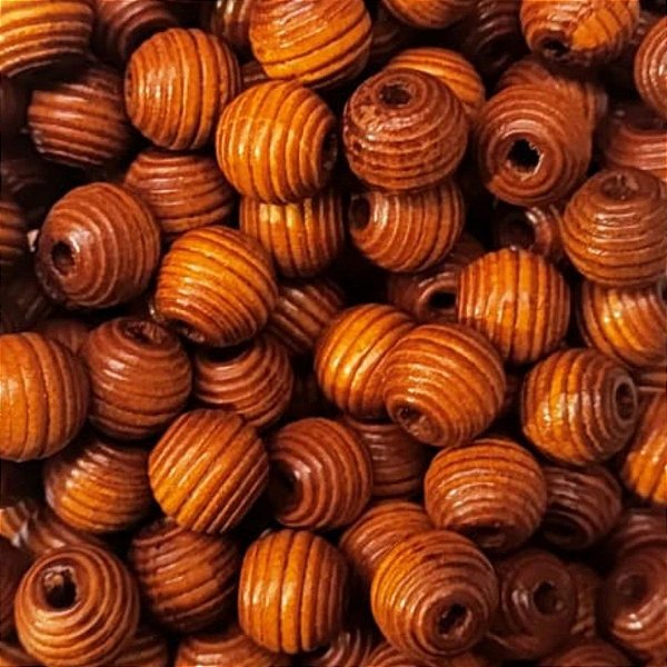 100 Miçanga de Madeira Bola Frisada 14mm cor Mogno Passante Artesanato
