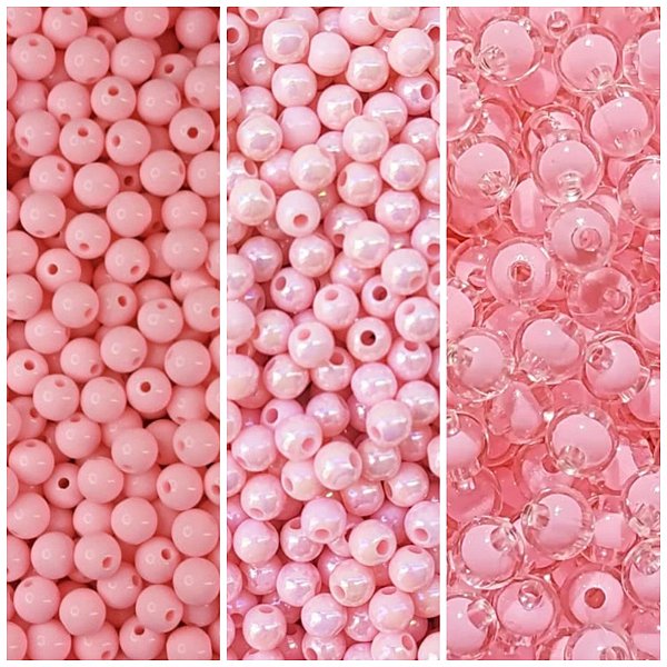 300 Miçangas Pérolas Trio 6mm e 8mm Cor Rosa e Fio de Silicone p/ Artesanato em Geral