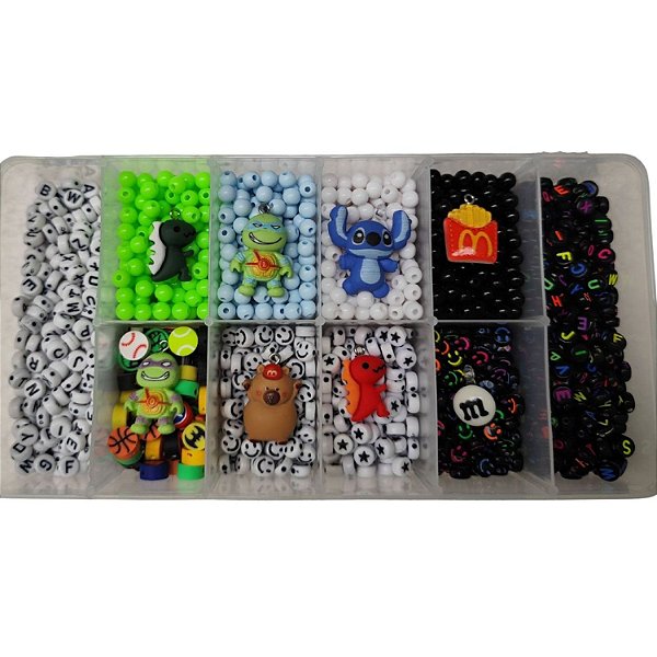 Kit Miçangas 1.758 pçs p/ montar Bijuteria Infantil c/ Fio e Organizador Pulseira Colar Artesanato