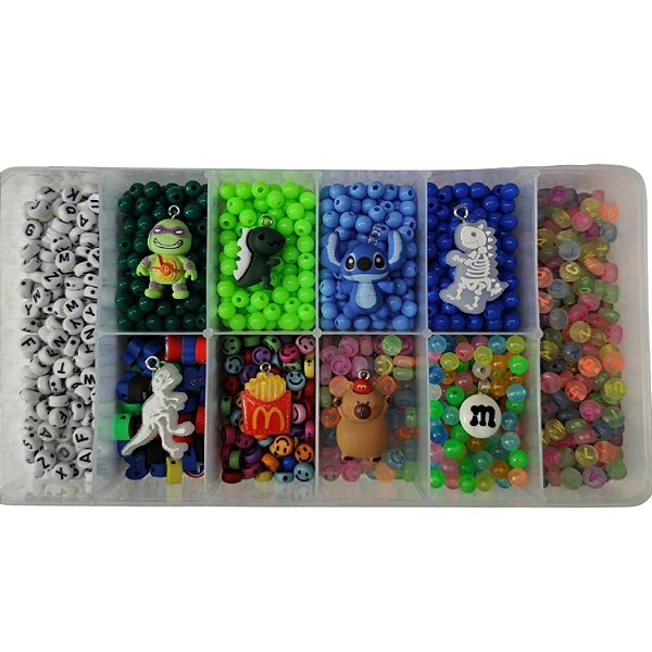 Kit Miçangas 2.058 pçs p/ montar Bijuteria Infantil c/ Fio e Organizador Pulseira Colar Artesanato