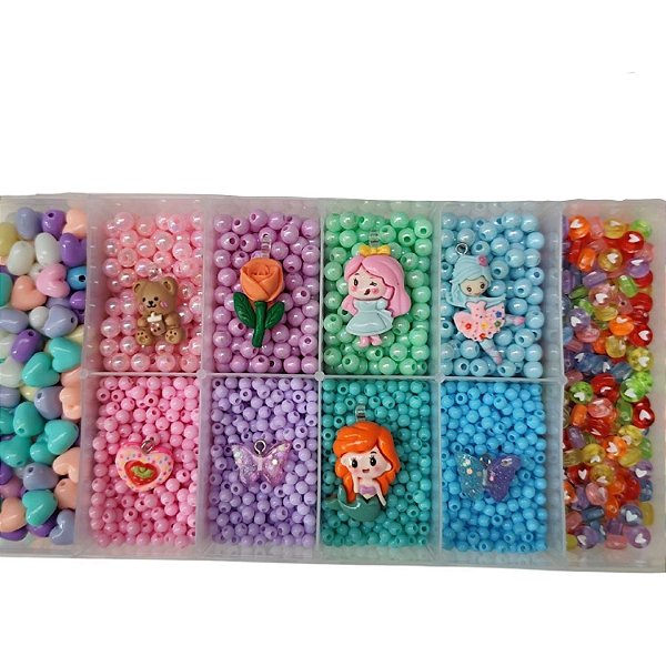 Kit Miçangas 3.768 pçs p/ montar Bijuteria Infantil c/ Fio e Organizador Pulseira Colar Artesanato