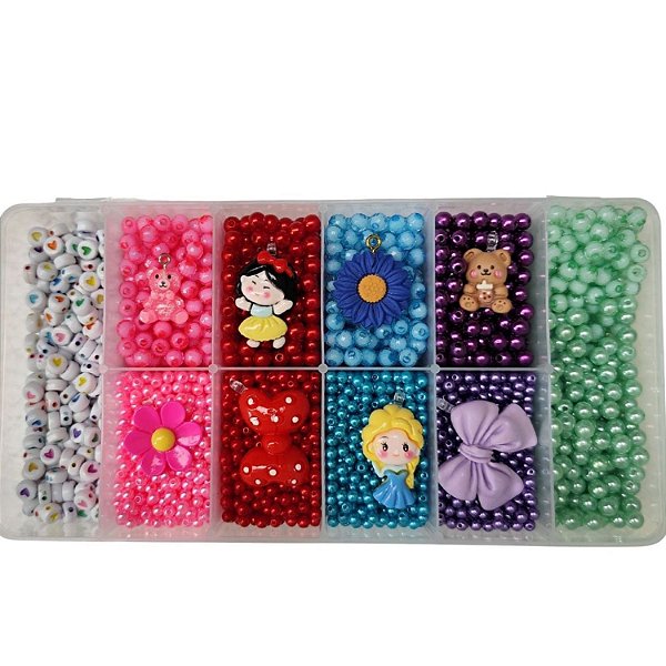 Kit Miçangas 4.068 pçs p/ montar Bijuteria Infantil Menina c/ Fio e Organizador Pulseira Colar Artesanato