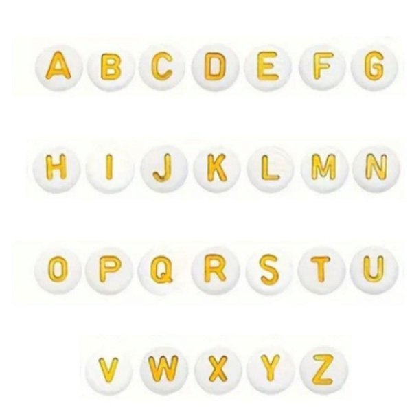 450 Miçangas Letras do alfabeto Separadas Vogal e Consoante a sua escolha Branco e Dourado
