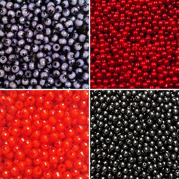 Kit Miçangas BTS Pérolas Sextavada e Tradicional 6 e 8mm cor Preto e Vermelho Kpop Diy