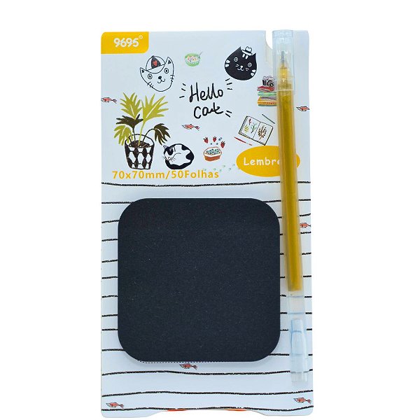 Kit Notas Autoadesivas Pretas com Caneta em Gel - Hello Cat - 70x70mm 50 Folhas