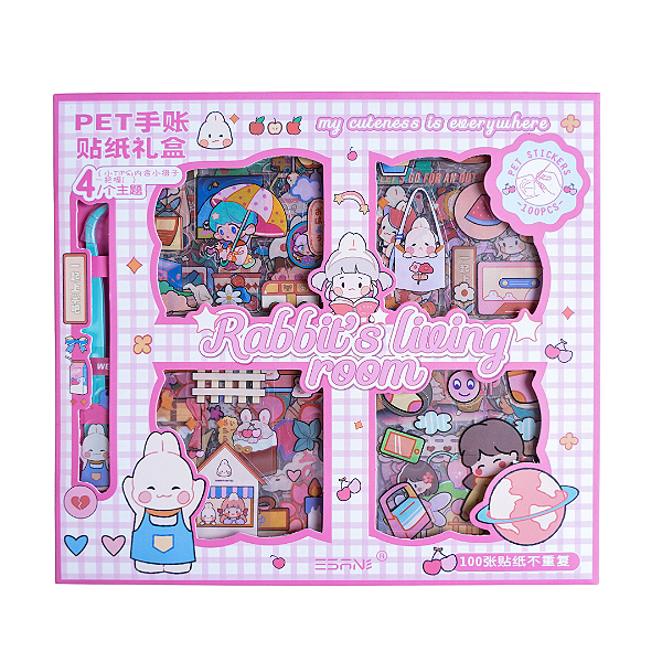 Caixinha com 100 Adesivos com Pinça - Kawaii - Rabbit's Living Room