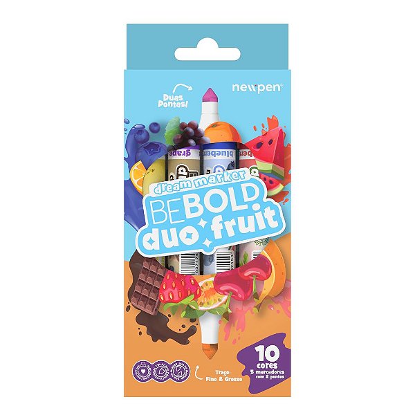 Kit Marcador Hidrográfico - NewPen - Be Bold Duo Fruit com Ponta Cônica Dupla (10 Cores)