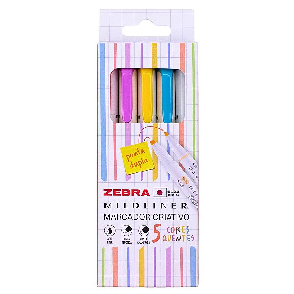 Marca Texto - Zebra - Mildliner - Estojo c/ 5 Cores Quentes