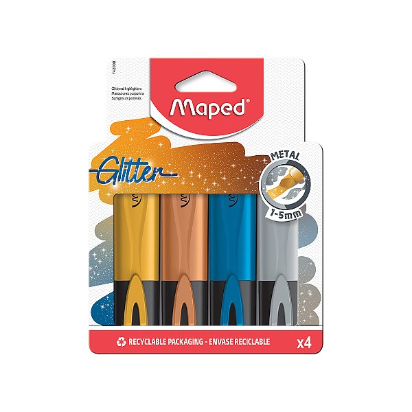 Marca Texto com Glitter - Maped -  Fluo’peps Metal  4 Cores.