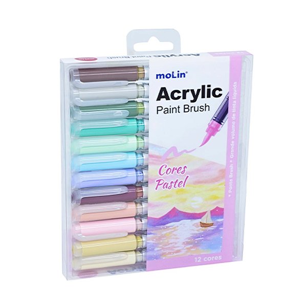Caneta Brush - Molin - Paint Brush Acrylic Cores Pastel Bl c/ 12 Cores