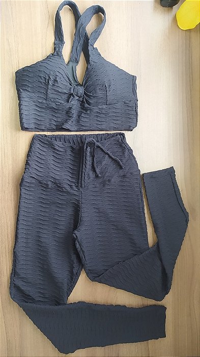 CJ34003 - Conj. Calça e Top Poliamida Brocado Preto
