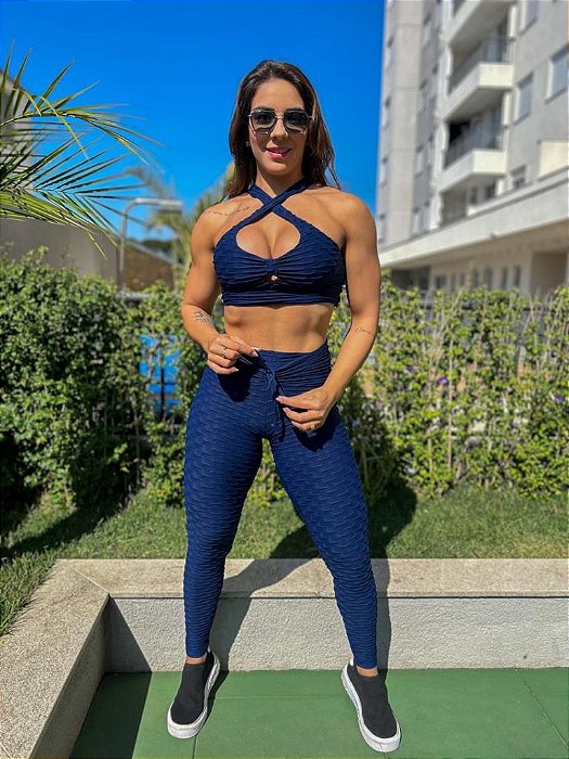 CJ34004 - Conj. Calça e Top Poliamida Brocado Azul Marinho