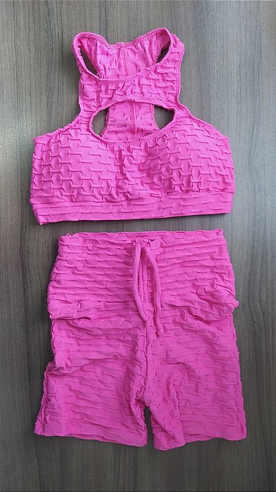 CJSH34010 - Conj. Short e Top Poliamida Brocado Empina BumBum Rosa Seco com ajuste no cós