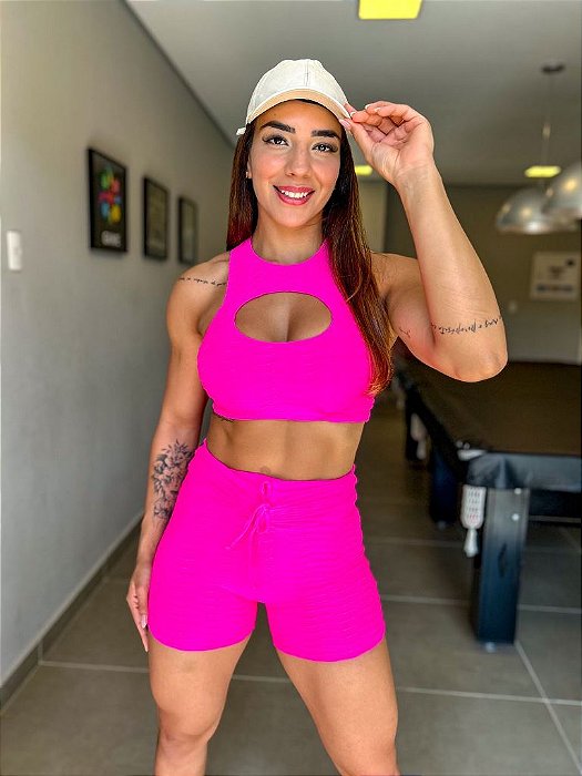 CJSH34011 - Conj. Short e Top Poliamida Brocado Empina BumBum Pink com ajuste no cós