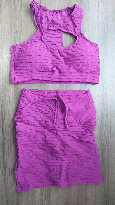 CJSH34014 - Conj. Short e Top Poliamida Brocado Empina BumBum Roxo com ajuste no cós