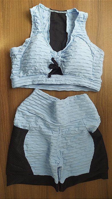 CJSH34021 - Conj. Short e Top Poliamida Brocado Empina BumBum Azul Candy/Preto com bolso