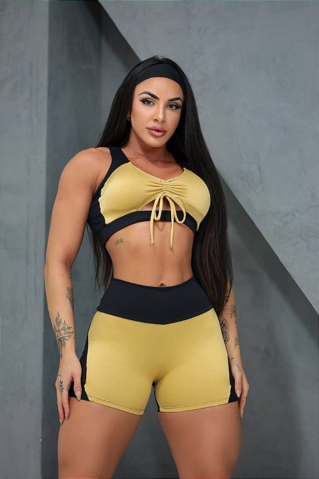 CJSH36005 - Conj. Short e Top Amarelo e Preto Poliamida Suplex com Tule