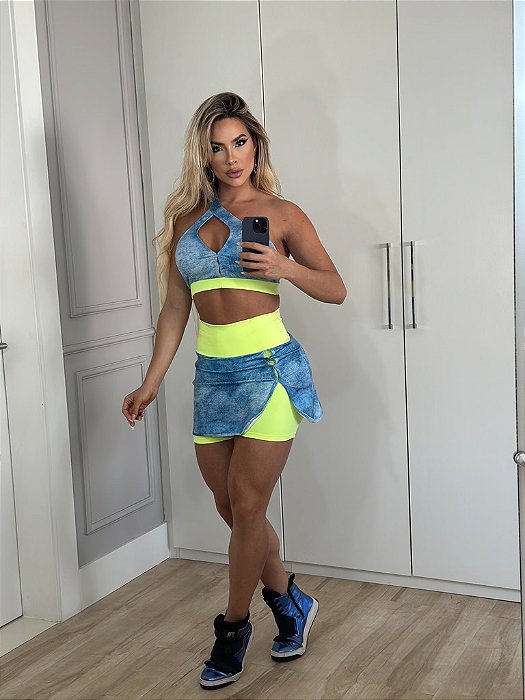 CJSS36002 - Conj. Saia Short e Top Fake Jeans Amarelo Poliamida Suplex