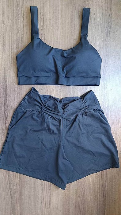 CJSH38001 - Preto - Conj. Short e Top Poliamida Suplex com cós drapeado e bolso