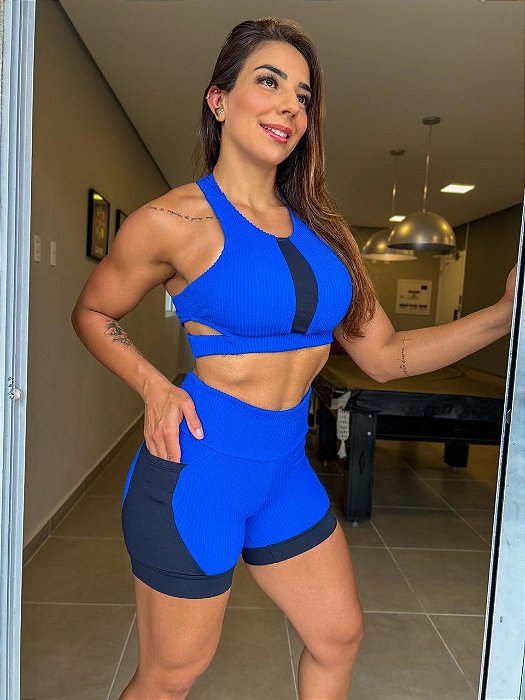 CJSH38004 - Azul Bic e Preto - Conj. Short e Top Poliamida Brocado com tule