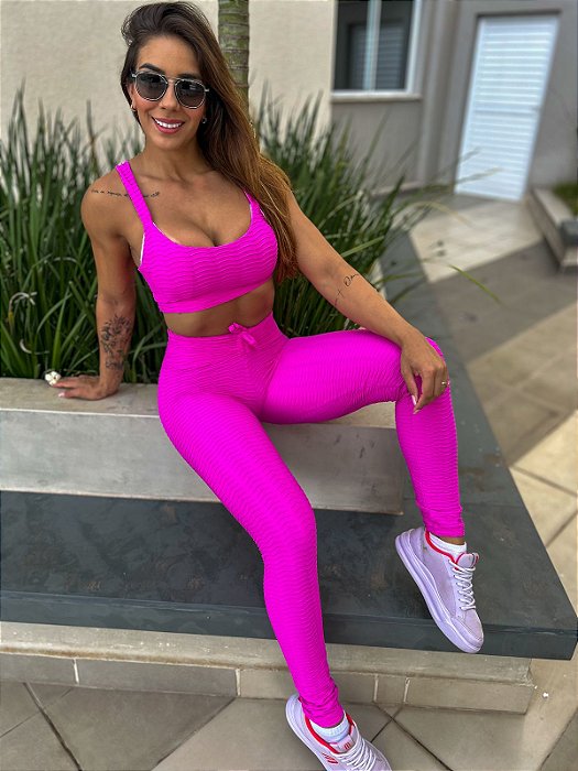 CJ40004 - Rosa - Conj. Calça e Top Poliamida Brocado
