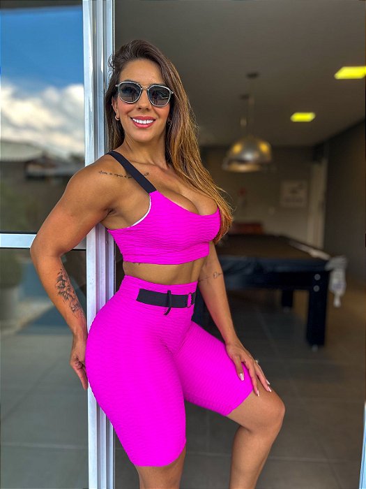 CJSH40003 - Rosa - Conj. Short e Top Poliamida Brocado com cinto fake