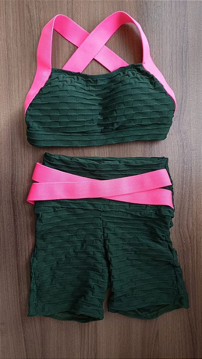 CJSH42001 - Conj. Short e Top Verde Poliamida Brocado