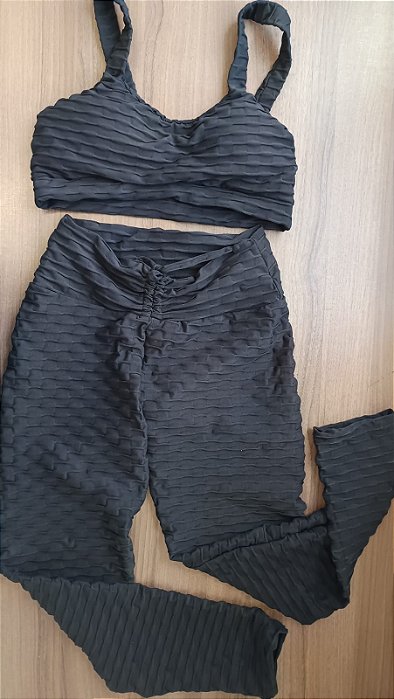 CJ42001 - Conj. Calça e Top Preto Poliamida Brocado