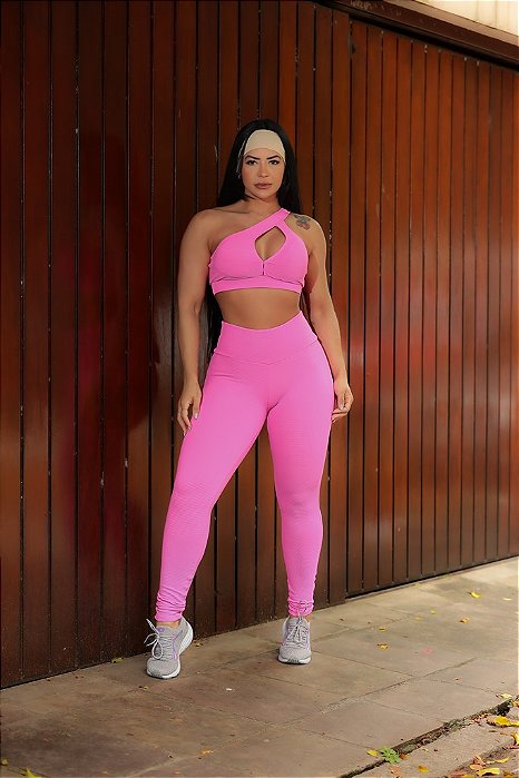 CJ43001 - Conj. Calça e Top Poliamida Canelado Pink