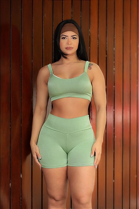 CJSH43002 - Conj. Short e Top Poliamida Canelado Verde