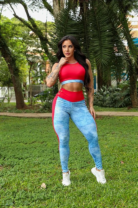 CJ44001 - Fake Jeans - Conj. Calça e Top Poliamida Brocado Levanta BumBum