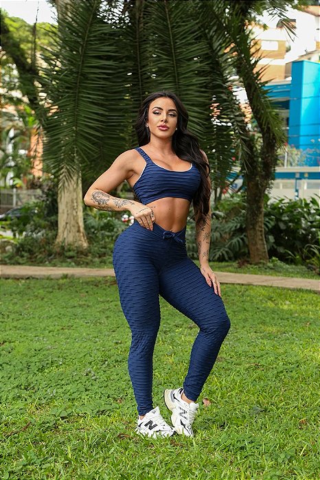 CJ44003 - Marinho - Conj. Calça e Top Poliamida Brocado Levanta BumBum