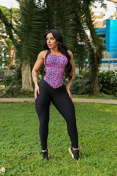 MC44004 - Animal Print Onça Color - Macacão Poliamida Brocado Levanta BumBum