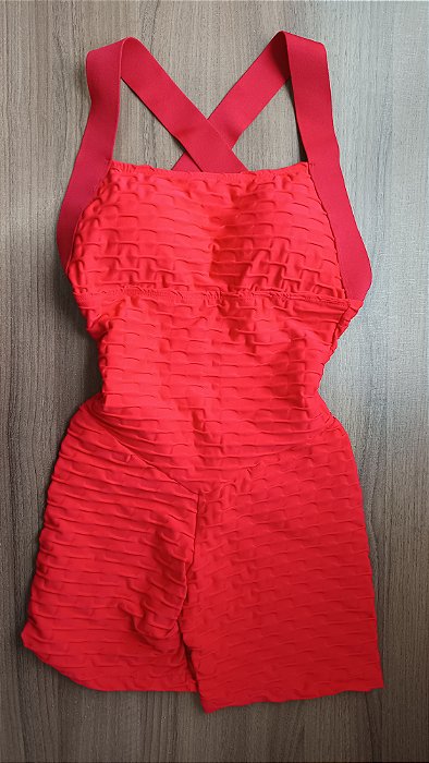MQ44003 - Vermelho - Macaquinho Poliamida Brocado Levanta BumBum