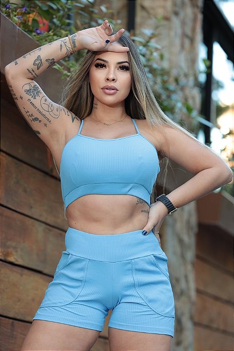 CJSH46001 - Conj. Short e Top Poliamida Canelado com Bolso - Azul Candy