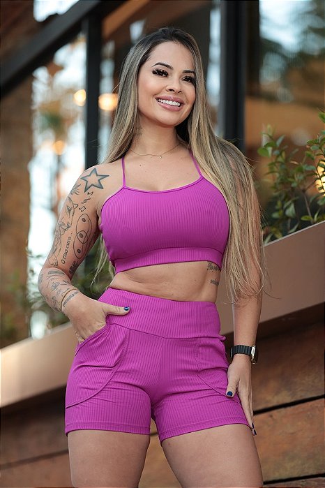 CJSH46003 - Conj. Short e Top Poliamida Canelado com Bolso - Purple