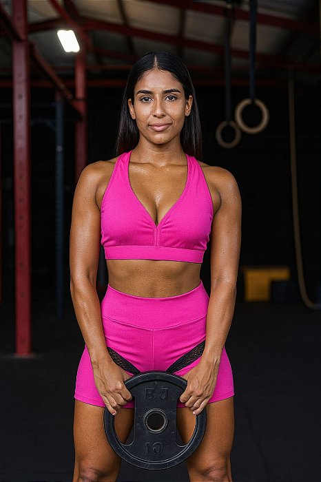 CJSH47024A - shorts e top poliamida pink tela preta