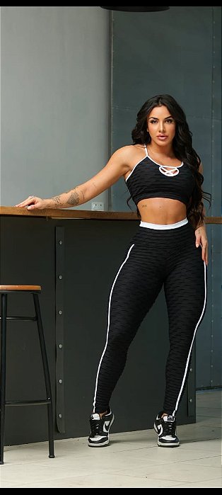 CJ48006 -- Conjunto Brocado em Poliamida Preto com Branco