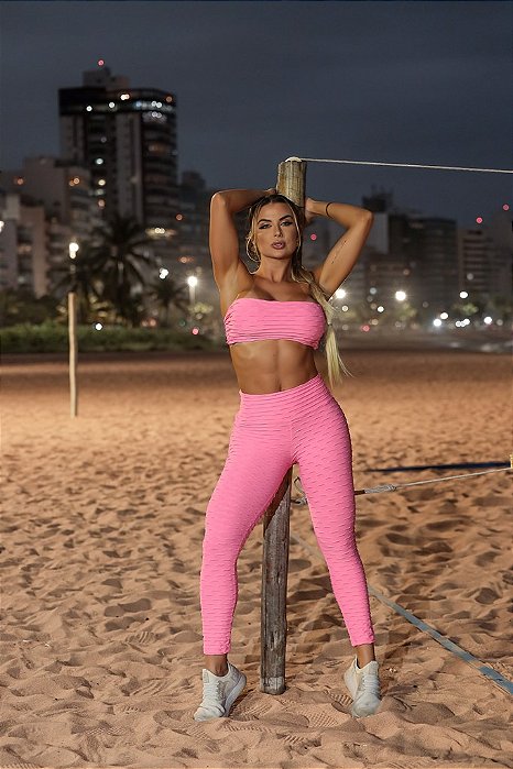 CJ51001 - Conj. Calça e Top Faixa Poliamida Brocado - Rosa