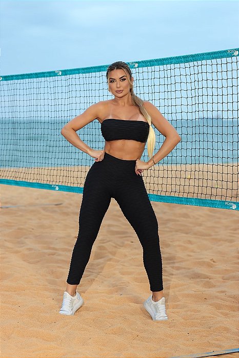 CJ51004 - Conj. Calça e Top Faixa Poliamida Brocado - Preto