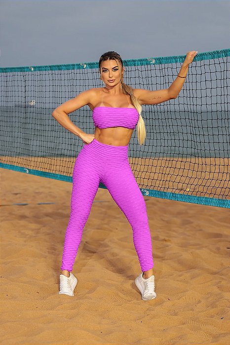 CJ51005 - Conj. Calça e Top Faixa Poliamida Brocado - Roxo